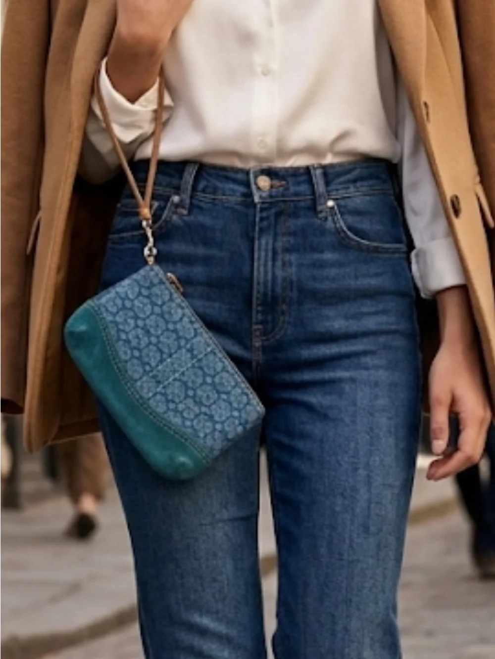 Vintage Coach Y2K Blue Denim Canvas & Suede Demi Wristlet